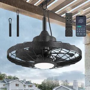 20" Outdoor Ceiling Fan with Lights,IP65 Waterproof Gazebo Hanging Remote Control Smart App, Plug in Caged 3CCT 6-Speeds for Patio Porch Pergola(Black)  Black 20Inch