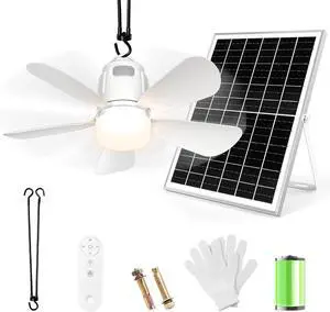 Solar Ceiling Fan Light, 20000mAh Portable Gazebo fan with 30W Powered Remote Control, Outdoor Light for Patios, Canopy, Shed, RV, Porch and Chicken Coop White 20''