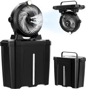 Portable Misting Fan with 11L Large Bucket, 20000mAh USB Rechargeable Battery Operated Camping Fans, 3 Spray Nozzles & Strong Wind Speeds Fan, Fans for Outside Black -
