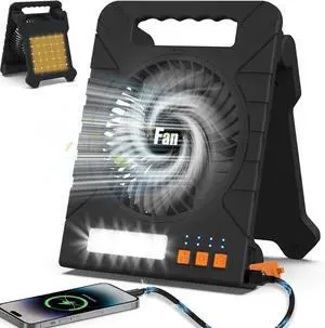 Solar Powered Camping Fan  Rechargeable with LED Lantern, USB-C Charging, 4 Timer Settings and 4-Speed Battery Operated Tent Fans for Camping, Outdoor, Travel, Emergency  Black -