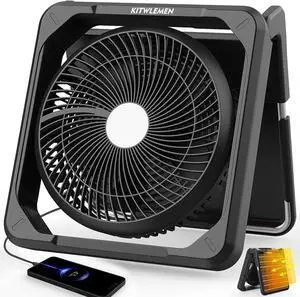 11.5 Inch Upgraded Solar Camping Fan with Light- Rechargeable Battery Fan, 10W Detachable Panel, 3 Speed, 6H Timer,60° Pivot Strong Airflow for Fishing RV Trips Hurricane Power Outage  Black inch