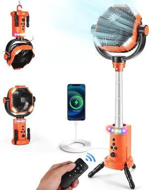 20000mAh Camping Fan with Lantern, 360° Oscillation Rechargeable Battery Operated Outdoor Power Remote, Hook  RGB Light for Camp, Family Travel and Jobsite, Orange -