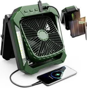26800mAh Portable Fan Rechargeable with 18W Detachable Solar Panel, Quiet Battery Powered Camping Cordless LED Lantern,3 Speed,Timer,USB-C,for Bedroom Tent Home Office Desk Hurricane(Green)  Green -