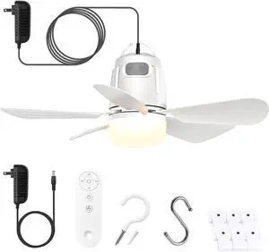 Gazebo Fan Outdoor Hanging with Light, Patio Plug in Ceiling 16.5ft Cord, Remote & Hook, Portable for Outside Canopy, Pop up Tent, Pergola (20'') White 20''