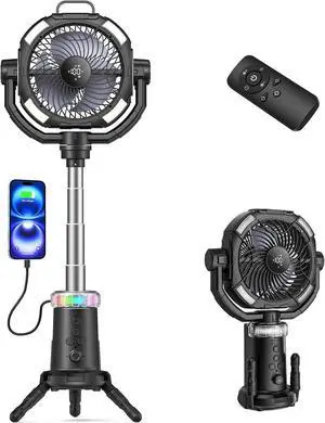 Portable Camping Fan, 20000mAh Rechargeable Fan with Lights, Battery Powered, Remote &Hook, Height Adjustable, 360° Oscillation, for Outdoor, Tent, Travel, Fishing black -