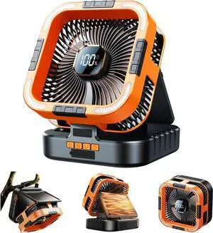 Solar Camping Fan with Light-10000mAh Rechargeable Portable, 6 Speeds, Digital Display, Timer, 120° Oscillation, Cordless Battery Powered for Home Outdoor Tent Travel BBQ Fishing (Orange)  Orange -