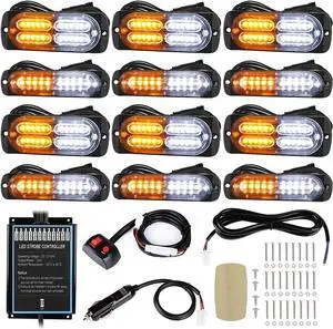 12pcs Ultra Slim Sync Feature Surface Mount LED Emergency Beacon Hazard Warning Flashing Strobe Lights with Waterproof Controller and Long Heavy Cable for Car Truck Vehicle, Amber/White -