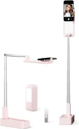 Phone Stand for Recording, Overhead Mount with Light, Selfie Stand,Portable,Extendable,360° Rotate,Adjustable,Wireless Remote,Rechargeable, 3.5-6.9" Phones, Live Streaming  Pink -