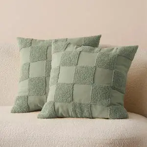 Double Stitch Checkered Throw Pillow Covers - 100% Cotton Set of 2 Tufted Boho Decorative 20x20, Made in India, Square Cushion Case, Modern Home Decor for Couch, Sofa, Sage Green  20" x (Pack 2)