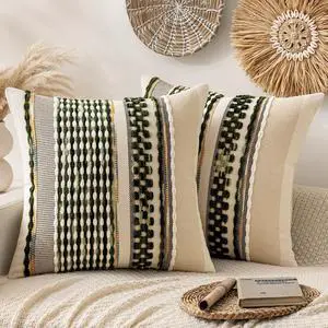 Pack of 2 Boho Decorative Throw Pillow Covers 20x20 Farmhouse Cushion Case Striped Chenille Cases Square Accent Neutral Pillowcase for Sofa Couch Bed, Olive Green Stripe  20" x (Pack 2)