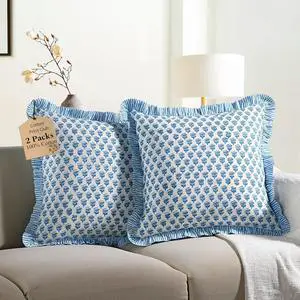 CPC Apatite Blue Ruffle Throw Pillow Covers for Couch, 20x20 Inch Cotton Stripe Couch Pillows Living Room, Hidden 16 Zipper Boho Case or Cute Outdoor  20" x (Pack of 2)