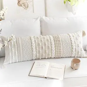 Cream Decorative Lumbar Throw Pillow Cover 14x36 Boho Long Cushion for Bed Neutral Beige White Accent Modern Farmhouse Pillowcase Bedroom Living Room Couch Sofa Home Décor ONLY  36" x 14" (Pack of 1)