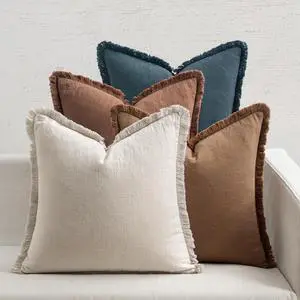 Decorative Couch Pillow Covers Neutral Linen Fringe Throw Pillows Set of 4 Modern Rustic Cushions Boho Farmhouse Pillowcases for Bed Sofa Living Room Home Decor 20x20 Inch Beige/Brown/Blue  Blue