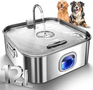 Dog Water Fountain Stainless Steel, 410oz/3.2Gal/12L Large Pet for Dog, Bowl Dispenser with Level Window & LED Indicator, Super Quiet S-L Dogs and Multi-Pet Steel -