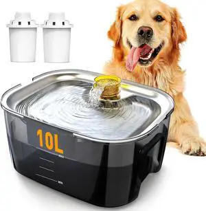 Dog Water Fountain Stainless Steel, 2.6 Gallon/10L Pet Cat Bowl Dispenser for Large Dogs & Multi Pets, Ultra-Quiet, Smart Pump, Easy to Clean Grey Clear -