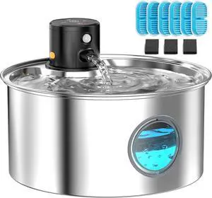 Cat Water Fountain Battery Powered: Cordless Wireless - Rechargeable Pet Stainless Steel 108oz/3.2L Automatic Kitty with Motion Sensor 9 Filters Sliver