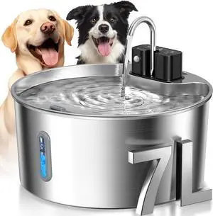 Dog Water Fountain:1.8Gal/7L Wireless Stainless Steel Fountain Bowl for Small to Large Dogs,Battery Operated Pet Dispenser Indoor with Ultra-Quiet Pump,Multi-Filtration,Easy Clean Silver -