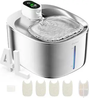 Wireless Cat Water Fountain Stainless Steel,135floz/4L Battery Operated Automatic Pet Fountain,Cordless Dispenser Drinking for Multicat Cats Dog Outdoor White -