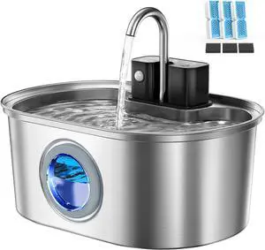 Cat Water Fountain Stainless Steel 108oz/3.2L:Battery Operated Wireless Fountains for Drinking Indoor, Automatic Pet Dispenser with Ultra Quiet Pump,Multi-Filtration,Easy Clean BPA-Free silvery -