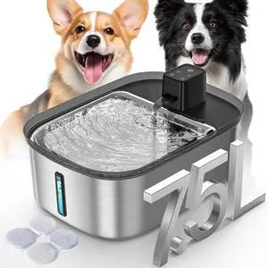 Wireless 7.5l/254oz/2Gal Dog Water Fountain for Large Dogs Stainless Steel, Quiet Pet & Cat with Motion Sensor, Automatic Dispenser Dogs&Multi-Pet Homes Continuous Fresh Flow silver -