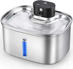 Cat Water Fountain Cordless, 169oz/5L Wireless Smart Pet with 5000mAh Battery & Ultra Quiet Pump, Stainless Steel Automatic Dispenser for Cats Dogs Silver -