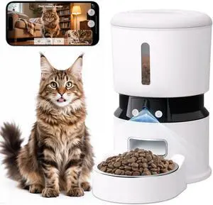 Automatic Cat Feeder with 2 Cameras 1080P HD Night Vision Pet Food Dispenser Two-Way Voice and Audio Dog Smart WiFi & Programmable Schedule Slow Bowl White  -