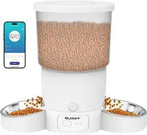 Automatic Cat Feeder with 5G WiFi, 20 Cups/5L  Food Dispenser for 2 Cats Smart Pet APP Control Remote Feeding, Dual Power Supply 12 Portions 6 Meals Per Day White 5L-WIFI