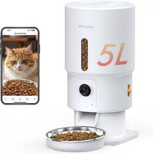 Automatic Cat Feeder with Camera - 5G WiFi Timed Food Dispenser, 1080P HD Video Night Vision, 1-15 Meals, 1-99 Portions, 2-Way Audio, Keeps Dry Fresh, 5L Auto Pet Also for Dogs  White