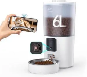 Automatic Cat Feeder with Camera and App, 6L Smart Pet Food Dispenser for Cats/Small Dogs, Timed Auto Control Meals, WiFi 2.4G / 5G -