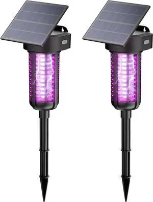 Solar Bug Zapper Outdoor 2 Pack, Garden Mosquito Waterproof & Cordless Rechargeable Auto On/OffFlying Insect Killer Lamp Catcher Decorative Light for Patio Black -