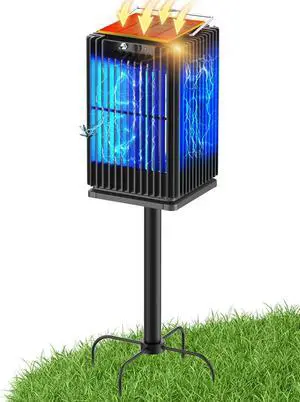 Solar Bug Zapper Outdoor, Waterproof Mosquito with Ground Stake, Cordless 4200V Electric Fly w/Smart Light Sensor, 5000mAh Rechargeable Killer Trap for Patio Backyard Camping Black -