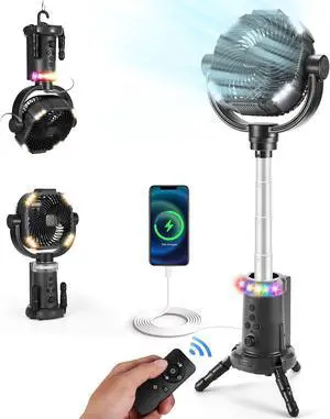 20000mAh Camping Fan with Lantern, 360° Oscillation Rechargeable Battery Operated Outdoor Power Remote, Hook  RGB Light for Camp, Family Travel and Jobsite, Black -