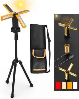 13200mAh Rechargeable Solar Work Light IPX4 Waterproof with Folding Stand and Carrying Bag,  8000 Lumen Cordless Camping Light, White/Warm/Nature White/RED(SOS) Detachable Tripod Orange -