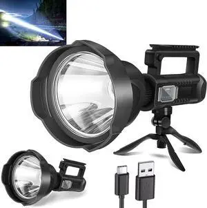 Spotlight Rechargeable High Lumens 300,000L, 4 Modes Super Bright Led Spot Lights Outdoor Handheld with Adjustable Tripod & USB C Charging, Long Lasting Battery, IPX5 Waterproof for Emergency Black