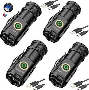 Mini Flashlight 2550 Lumens Rechargeable USB C Charging, Small Flashlights High 5 Modes, Pocket with Clip, Magnetic for EDC,Camping, Hiking,Emergency (4 Pack) Black  E