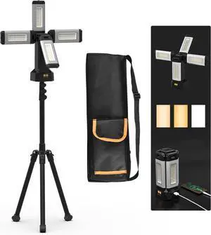 Upgraded Aluminum13200mAh Rechargeable Work Light with Folding Stand and Carrying Bag, 8000 Lumen Cordless Camping Light, White/Warm/Nature White Detachable Tripod (Standard)  Standard -