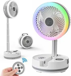 Foldable Oscillating Camping Fan with Remote, 10" USB C Rechargeable 40000mah Battery LED Colorful Lights, Portable Floor for Bedroom Office  Silver White -