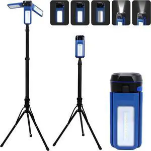 Rechargeable Solar Camping Light with Stand, Portable Cordless Work 3 LED Lamp Heads, 5 Dimmable Lighting Modes, 82" Telescoping Tripod Blue -