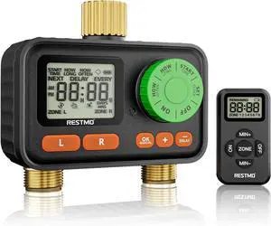 RF Remote Controlled Sprinkler Timer with Brass Inlet & Outlet, Water for Garden Hose, Automatic/Manual/Rain Delay Outdoor Faucet, Drip Irrigation and Lawn Watering, 2 Outlet Green  Zone