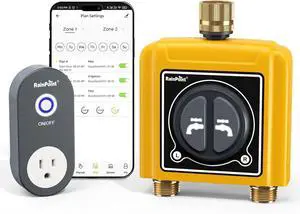 WiFi Water Timer with Brass Inlet & Outlet2 Zone Hose for Lawn,WiFi Sprinkler Controller via APP/Voice Control,Automatic Watering System by Time/Weather/Quantity/Soil Moisture Yellow -