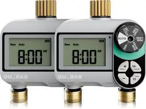 [2 Pack]  2 Zone Water Timer for Garden Hose, Automatic Sprinkler with Dual Outlets, Heavy Duty Brass Fittings, Leak-Free, Programmable, Lawn Watering and Drip Irrigation System Gray -