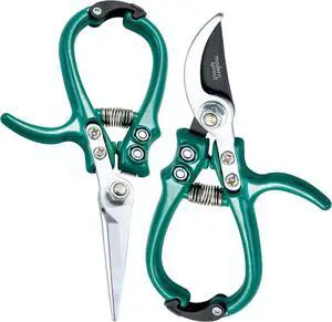Hand Pruners & Shears Set - Lightweight Gardening Tools W/Easy Lock Sharp Carbon Steel Blades -Rust Resistant Scissors for Herbs, Flowers Reusable Holster Ocean  Pack of 2