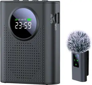Voice Amplifier with Magnetic Wireless Lapel Microphone, 15W Mini Megaphone for Classroom, Portable Speaker PA System Teachers, Elderly, Yoga, Tour Guide, Bluetooth  Black -