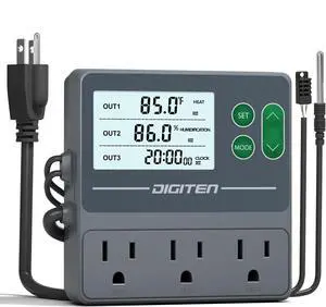 Temperature and Humidity Controller with Timer - 3 Outlet, 2 Separate Probes, Plug in for Reptiles,Snake, Mushrooms, Tent, Triple Control Temp,Humidity,Time Gray