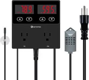 Digital Temperature and Humidity Controller Outlet, Reptile Thermostat Plug Dual Stage Pre-Wired for Mushroom Greenhouse Homebrew Black -