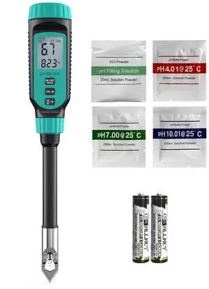 Soil pH Tester, High Accuracy Digital Meter for Soil, Garden, Water, Plants, Solution and Food, Test Kit with Thermometer LCD Display, Calibration Powder Alloy Protective Cap Blue -