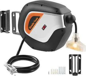 DE14 Retractable Extension Cord Reel 50 ft 14/3AWG Power Storage Wall/Ceiling Mount, Lighted Triple Tap Outlet, 50ft, Black Orange and 14AWG 50FT