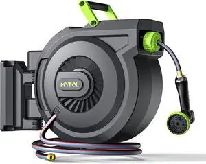 Retractable Garden Hose Reel, 5/8 Inch x 82 ft + 6 Wall Mounted Water Reel with Auto Slow Rewind System, 10-Pattern Nozzle, Any Length Lock, 180° Swivel Bracket, Ideal for Easy Watering grey, Green