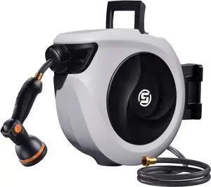 Retractable Garden Hose Reel 1/2 Inch x 33ft - Wall Mounted with 3/4 Brass Fittings & 10-Pattern Nozzle Auto Rewind System, Any Length Lock, 180° Swivel Bracket