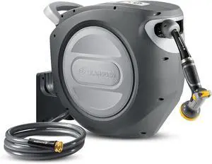 Retractable Garden Hose Reel 5/8 in x 100 ft Upgraded UV Resistant Heavy Duty Automatic Wall Mount 3/4 Brass Fitting 9 Pattern Nozzle Any Length Lock Slow Retraction Gray  5/8" 100FT